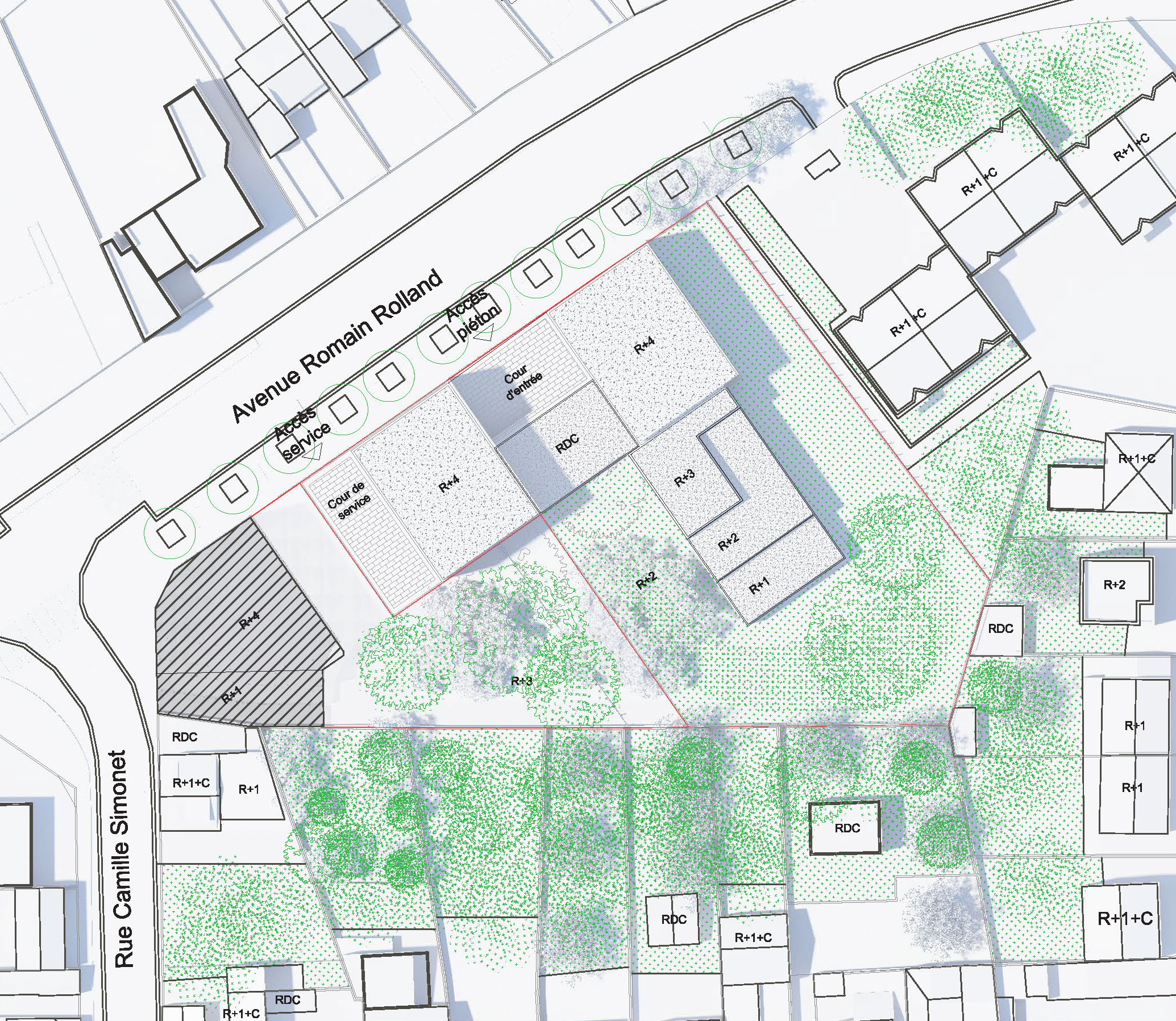 Plan masse du projet, implantation dans l'îlot avenue Romain Rolland
